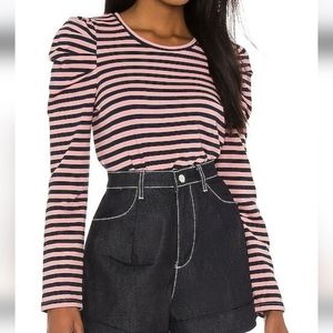 Rebecca Minkoff navy blue and Pink striped puffy shoulders long sleeve top